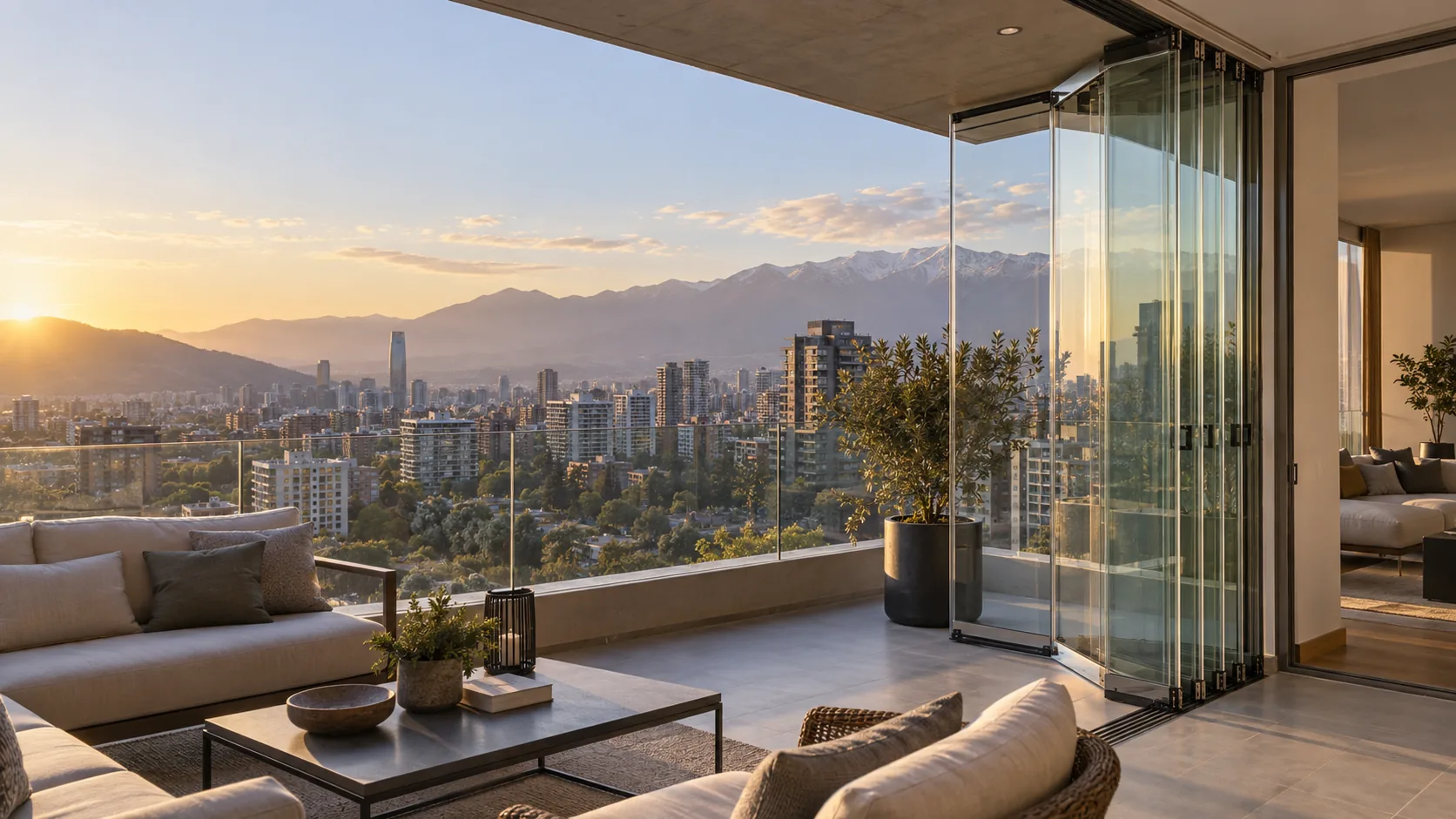 Cierre plegable de cristal con paneles de vidrio templado.