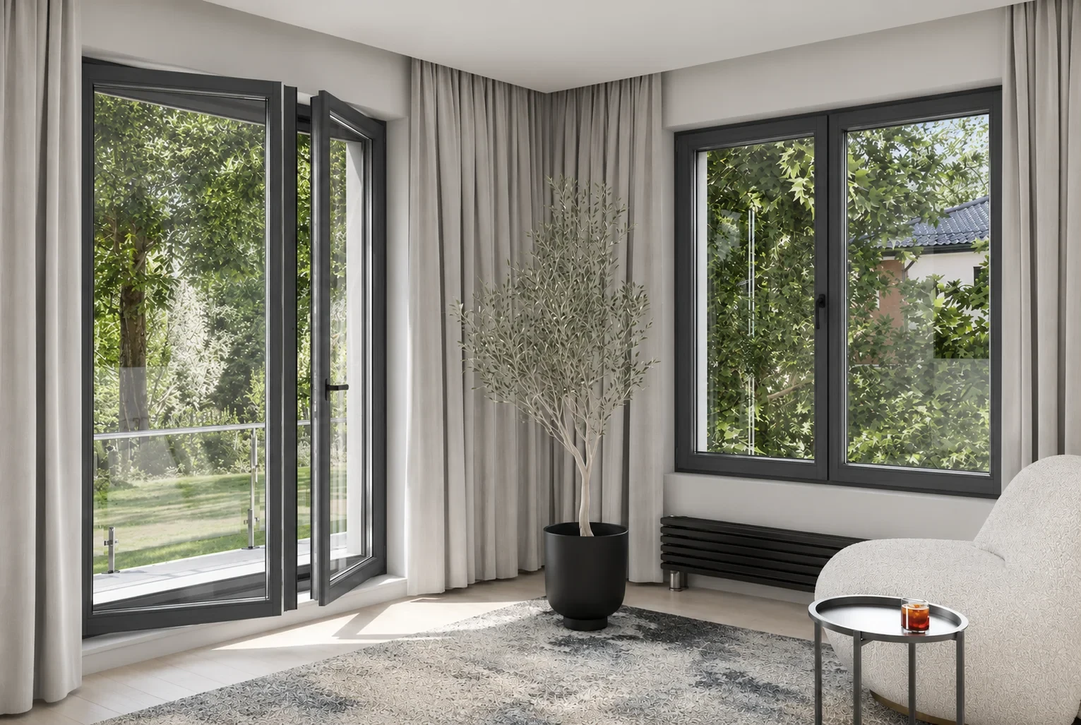 Living moderno con ventana PVC color Antracita