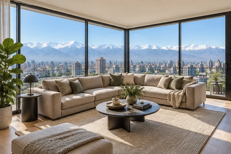 Living de un departamento familiar con ventanales modernos y vista a Santiago