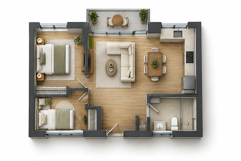 Plano ilustrativo de un departamento estándar